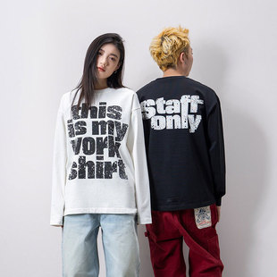 高级美式 work系列纯棉新款 破坏白色情侣上衣女 T恤男 Makemore长袖