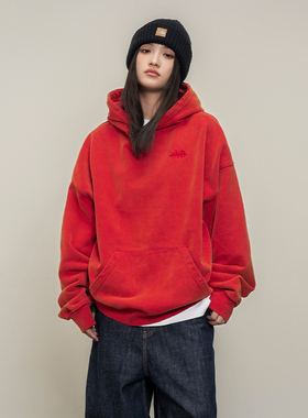 Makemore连帽卫衣男*狠会玩洗水红色新款美式重磅刺绣情侣装上衣