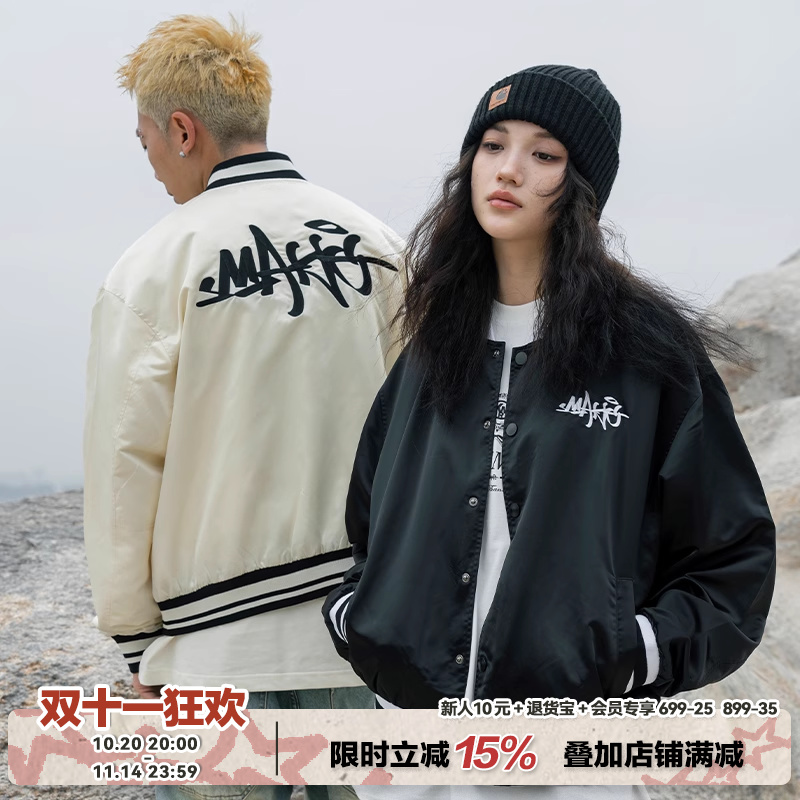 Makemore刺绣缎面短款情侣棒球服