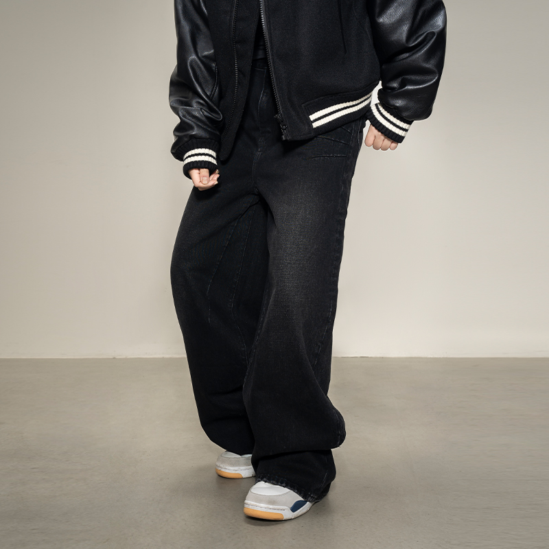 Makemore重磅牛仔裤男新款SS02复古洗水设计感压褶宽松休闲裤子女