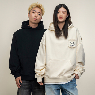 Makemore连帽卫衣男新款 黑色高级复古宽松情侣上衣 解构落肩 美式