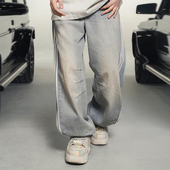 条纹复古休闲宽松长裤 Makemore牛仔裤 蓝色弯刀裤 水洗美式 女 男新款