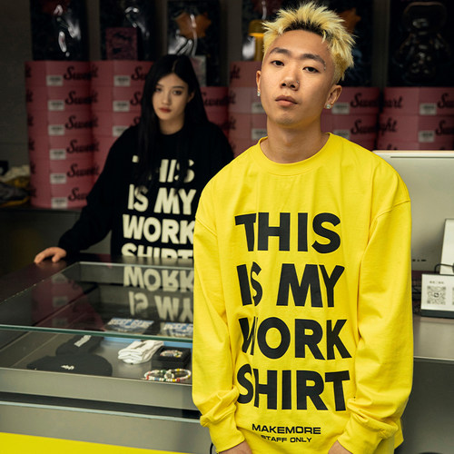 Makemore美式宽松纯棉长袖T黄色