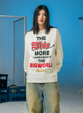 Makemore长袖T恤男春季纯棉红色字母美式潮流复古白色圆领上衣女