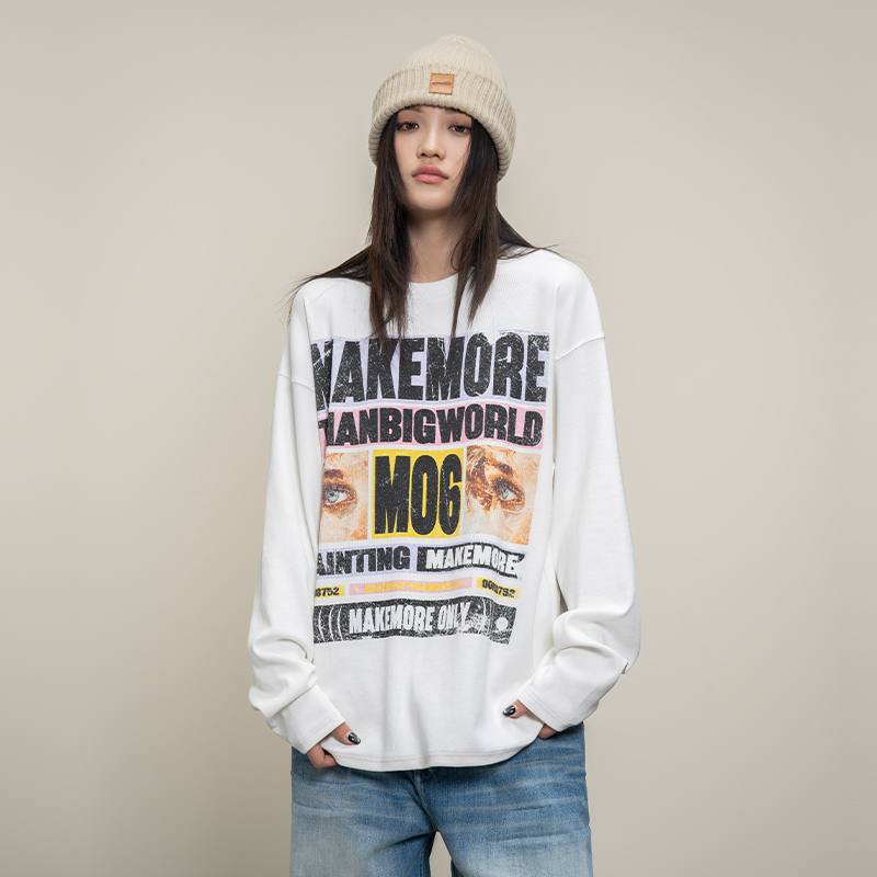 Makemore撞色画报印花罗纹长袖t