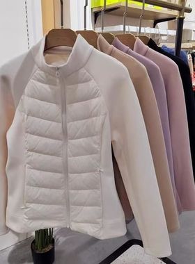 冬季毛呢拼接运动羽绒棉女立领修身小蛮腰户外保暖健身服防风外套