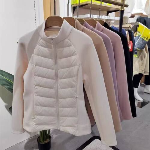 冬季毛呢拼接运动羽绒棉女立领修身小蛮腰户外保暖健身服防风外套