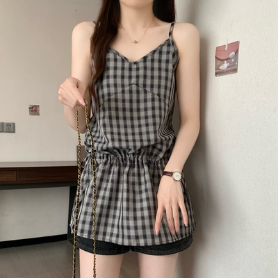 现货实拍夏装大码女装韩版显瘦荷叶边抽绳绑带吊带背心裙叠穿上衣