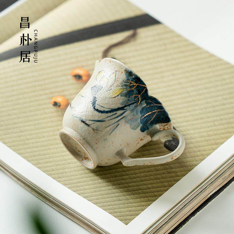 昌朴居主人杯茶杯陶瓷米白青花纯手绘莲心映盏新中式品茗把杯茶具