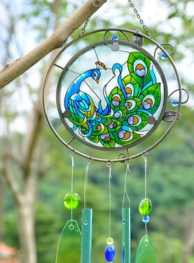 精选AMIA艺术彩色玻璃画 画彩玻孔雀风铃花庭院园艺挂件壁挂装饰