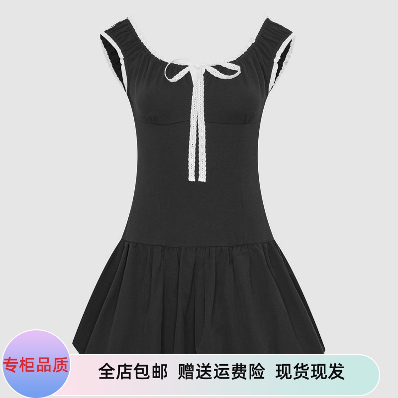 SH&UR2025春季新款女装撞色蕾丝飘带U领无袖修身连衣裙UYY750014#
