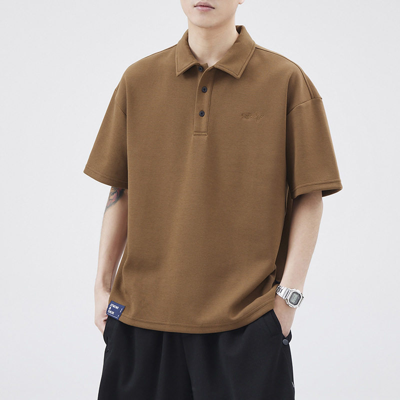 德国重磅Polo衫男生日系潮牌夏季宽松半袖简约男生咖啡色短袖翻领