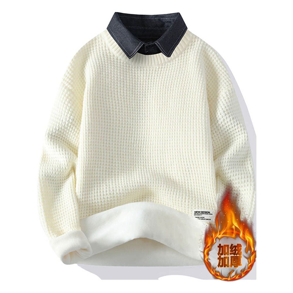 潮牌毛衣男季衬衫领针织衫纯色打底衫青少年加绒保暖毛线衣男