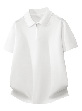 德国夏季新款简约宽松时尚POLO衫美式翻领半拉链针织纯色短袖白色