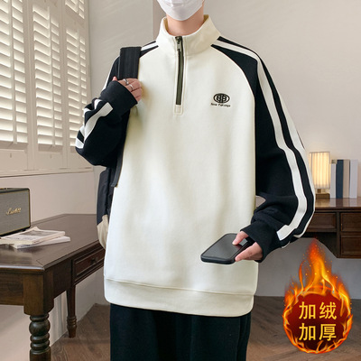 潮牌款加绒加厚卫衣男孩初中高中学生打底衫青少年大童上衣服