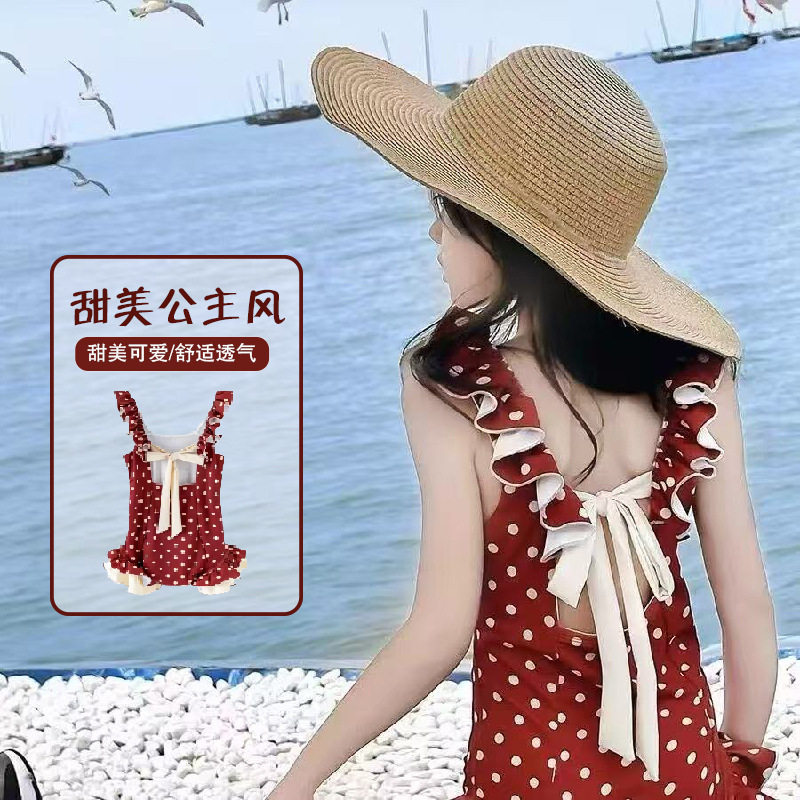德国新款夏季红色波点荷叶边泳衣大童女生连衣裙海边复古连体泳衣