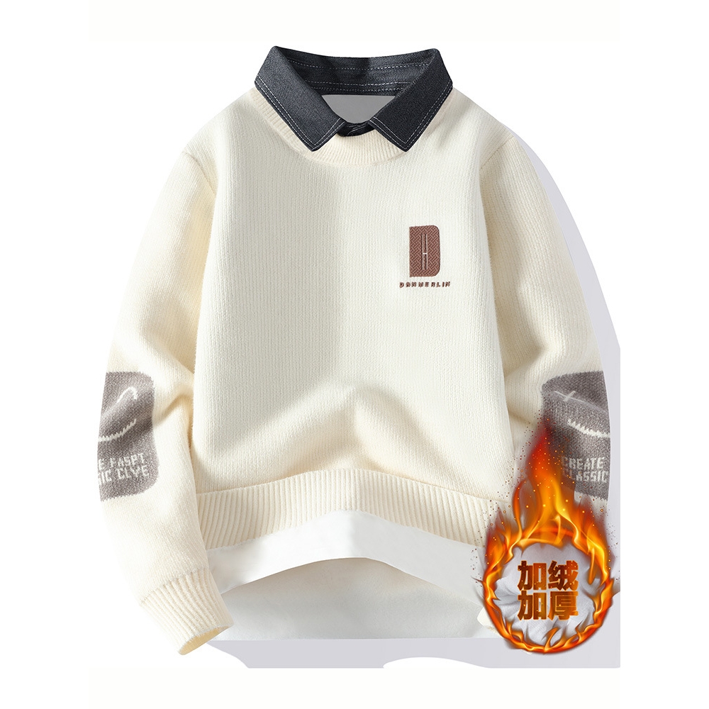 潮牌青少年学生假两件毛衣岁男孩打底衫加绒加厚大童装针织衫
