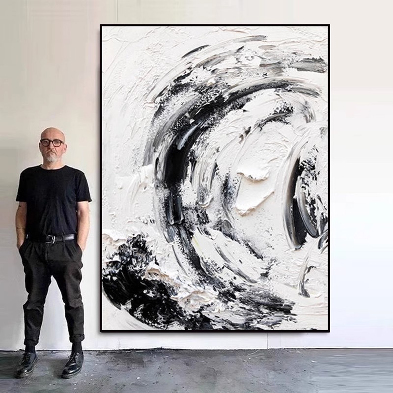 今年新品大芬村油画纯手绘抽象黑白立体玄关装饰画现代客厅背景墙图片
