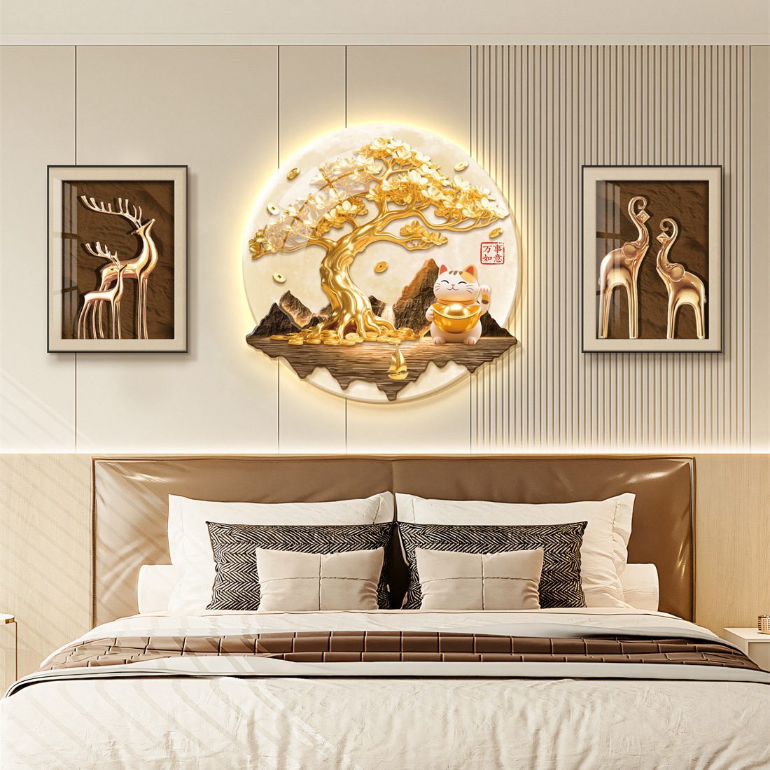 今年新品发财树轻奢新中式装饰画餐厅背景墙寓意好墙壁灯画氛围感图片