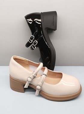 红蜻蜓高跟鞋女新款法式玛丽珍鞋BQ53888011小皮鞋百搭粗跟女单鞋