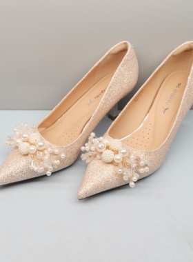 2026春秋新款婚鞋女红蜻蜓BC76000292时尚细高跟尖头蝴蝶结伴娘鞋