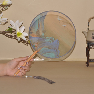 中国风千里江山半透明丝印团扇中式古风跳舞扇古典舞扇子搭配汉服