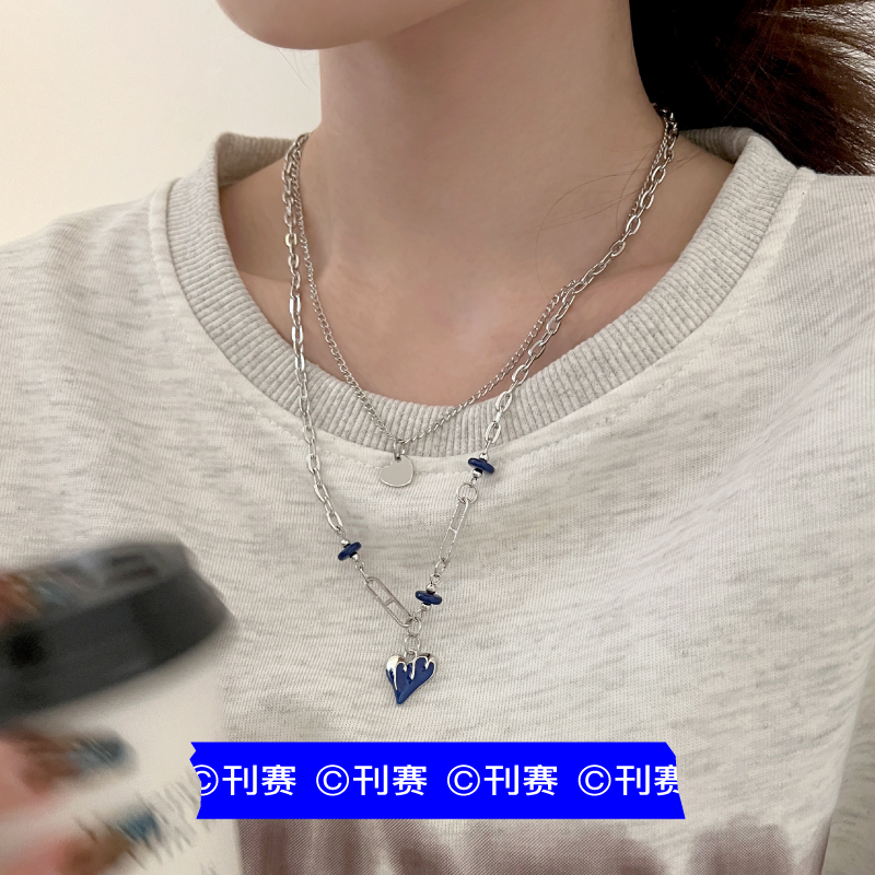 嘻哈克莱因蓝ins爱心叠戴毛衣链