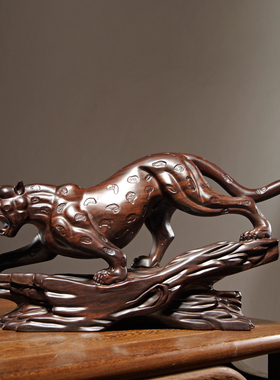 黑檀木雕金钱豹摆件大号实木动物豹子家居客厅办公装饰红木工艺品