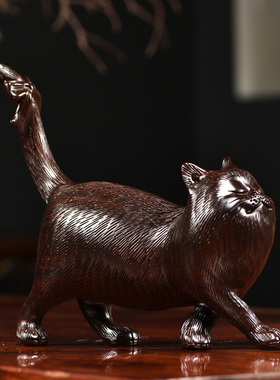黑檀木雕猫摆件实木动物可爱小猫红木家居客厅装饰开业送礼工艺品