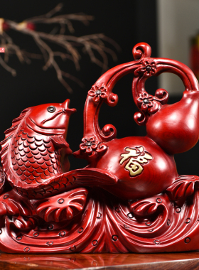 红花梨木雕葫芦摆件实木质福禄有鱼客厅家居电视柜装饰送礼工艺品