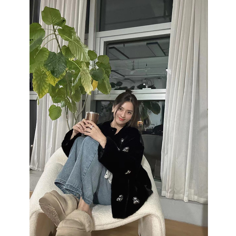冬季新款宝嘉美本黑进口天鹅绒貂皮大衣整皮水貂毛皮草短款外套女