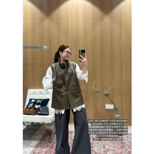 美一MEIYI特价橄榄绿油蜡植鞣羊皮马甲立领双排扣可收腰真皮外套