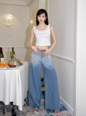 Three Quarters 蓝色渐变显瘦阔腿牛仔裤TQ女孩