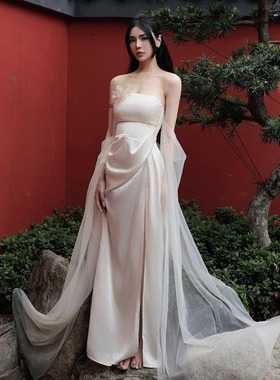 CROWCREW 连衣裙法式修身白莺晨雾抹胸裙2025夏季新款