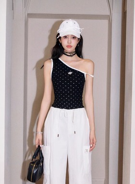 Three Quarters 黑色撞色闪粉蝴蝶结背心上衣针织背心女夏季外穿