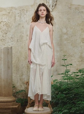 CROWCREW 连衣裙法式休闲拂霭褶皱吊带长裙2025夏季新款