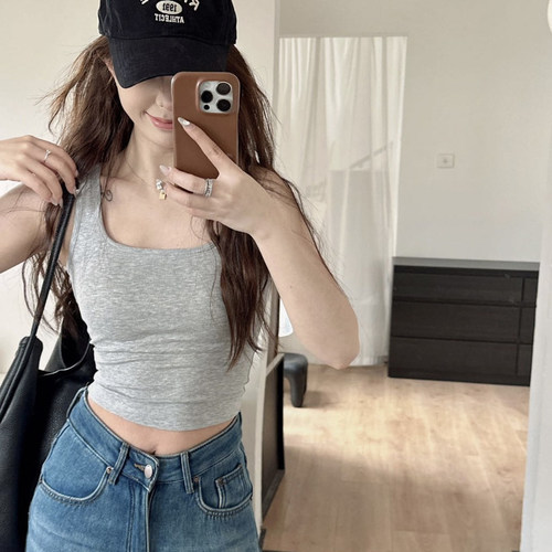 小方领显胸显腰细自带胸垫吊带工字背心女内搭bra防走光打底上衣