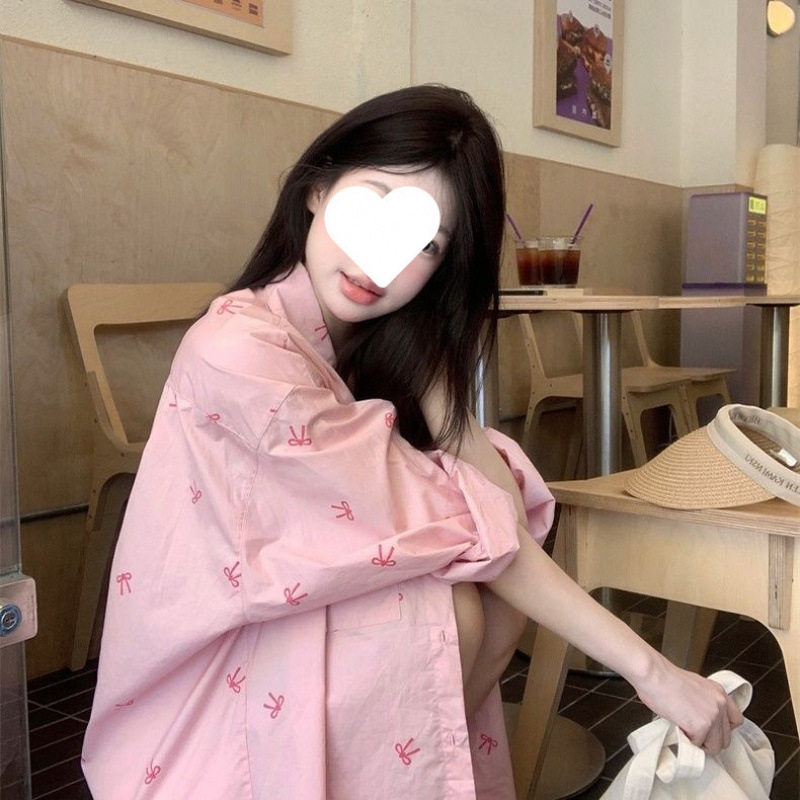 粉色蝴蝶结印花长袖衬衫春季新款甜美慵懒宽松外套