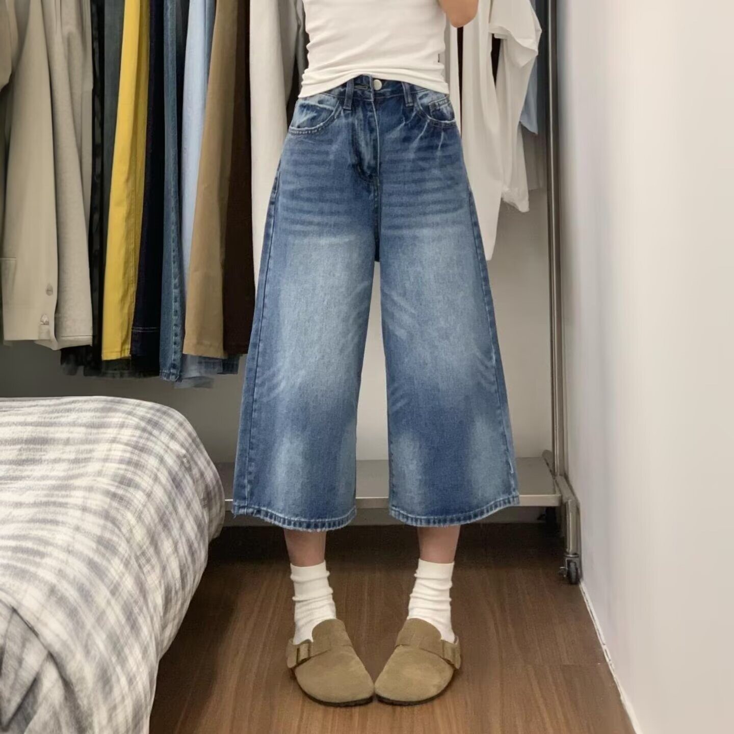 复古阔腿牛仔七分裤女夏季新款大码胖mm宽松显瘦梨型身材直筒裤子