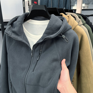 摇粒绒连帽外套男春秋季2025新款纯色百搭男生加厚冬装夹克上衣潮