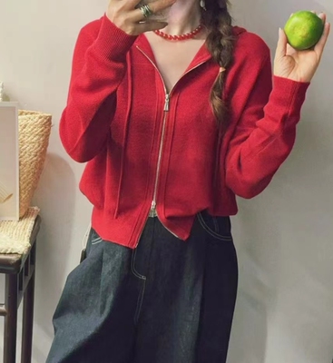 圣仕莲8457 巨显瘦连帽羊毛衫上衣双拉链针织开衫女毛衣外套帽衫