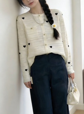 圣仕莲8563 小香风绣爱心提花针织衫女莱赛尔天丝显瘦打底衫上衣T