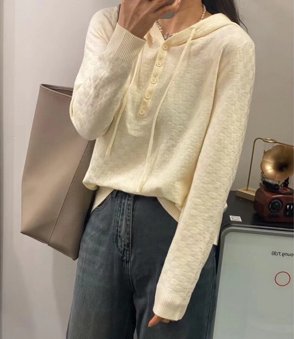 圣仕莲5862 宽松百搭方形提花羊毛帽衫女连帽针织衫套头上衣卫衣t