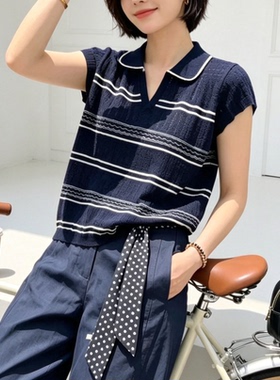 圣仕莲8656 显瘦撞色翻领条纹针织衫女莱赛尔冰丝短袖上衣POLO衫T