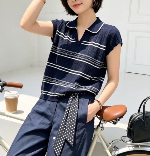 圣仕莲8656 显瘦撞色翻领条纹针织衫女莱赛尔冰丝短袖上衣POLO衫T