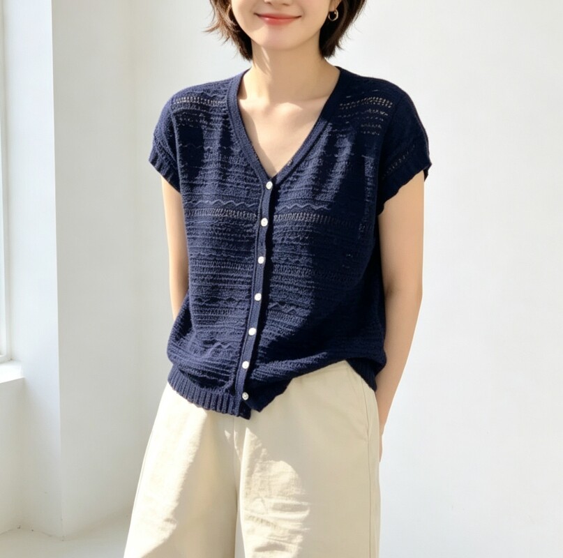 圣仕莲8666 显瘦V领镂空短袖针织开衫女莱赛尔上衣防晒衫外搭罩衫