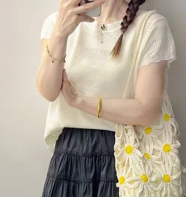圣仕莲8400 显瘦花边圆领短袖天丝针织衫女镂空上衣T恤衫防晒罩衫