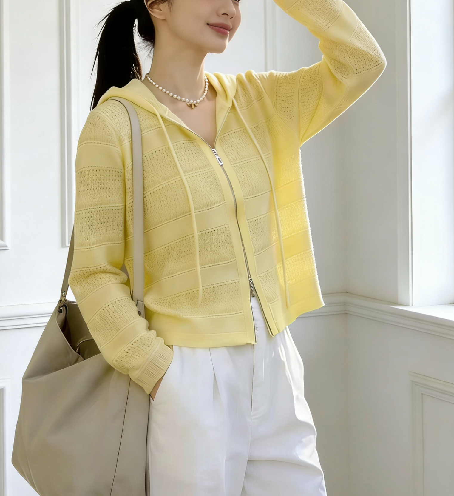 圣仕莲8617 显瘦连帽双头拉链针织开衫女莱赛尔冰丝镂空防嗮外搭