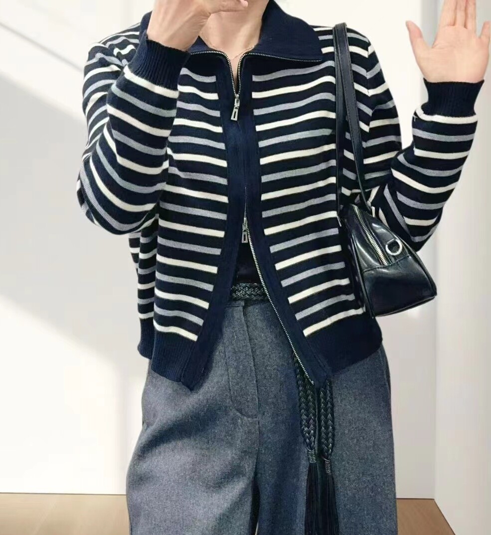 圣仕莲8508 显瘦双拉链翻领条纹羊毛针织开衫女毛衣外套上衣外搭