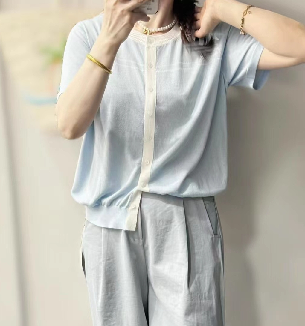 圣仕莲8300 显瘦天丝针织开衫女短袖桑蚕丝拼色圆领防晒上衣外搭